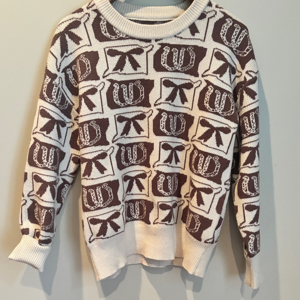 Ivory and Brown Patterned Crewneck Sweater